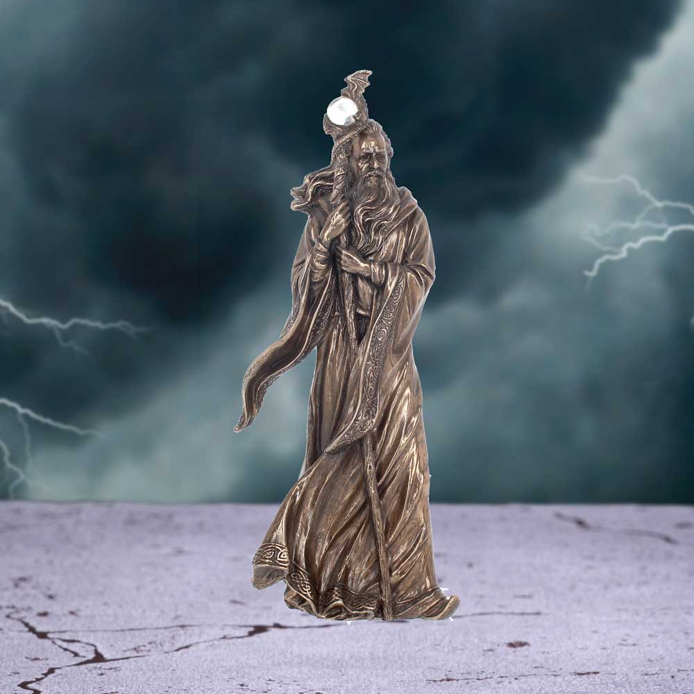 Bronze Wizard Merlin Figurine Arthurian Magic Sorcerer Ornament
