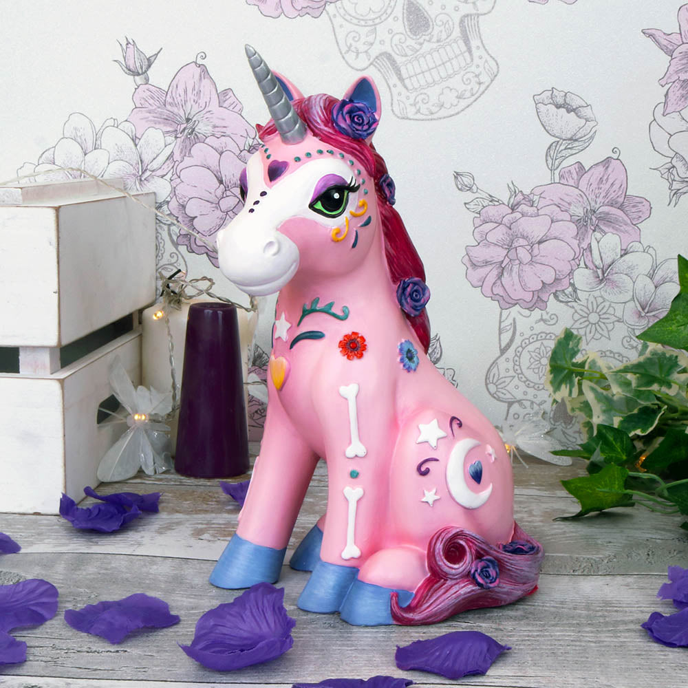 Candycorn Pink Day of the Dead Skeleton Unicorn Figurine