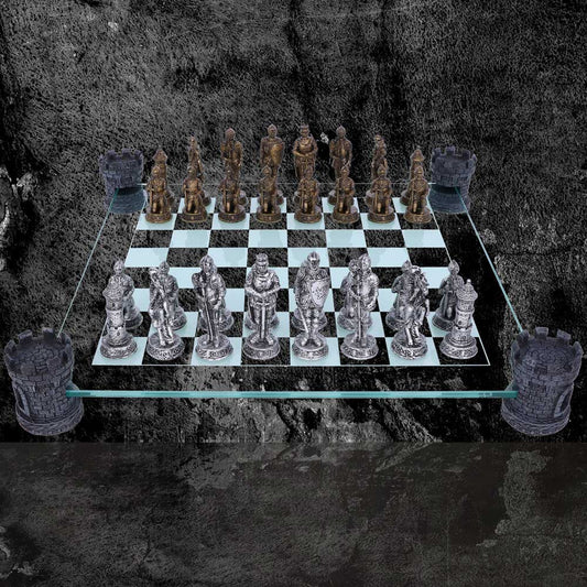 Raised Medieval Knight Chess Set With Corner Towers 43cm