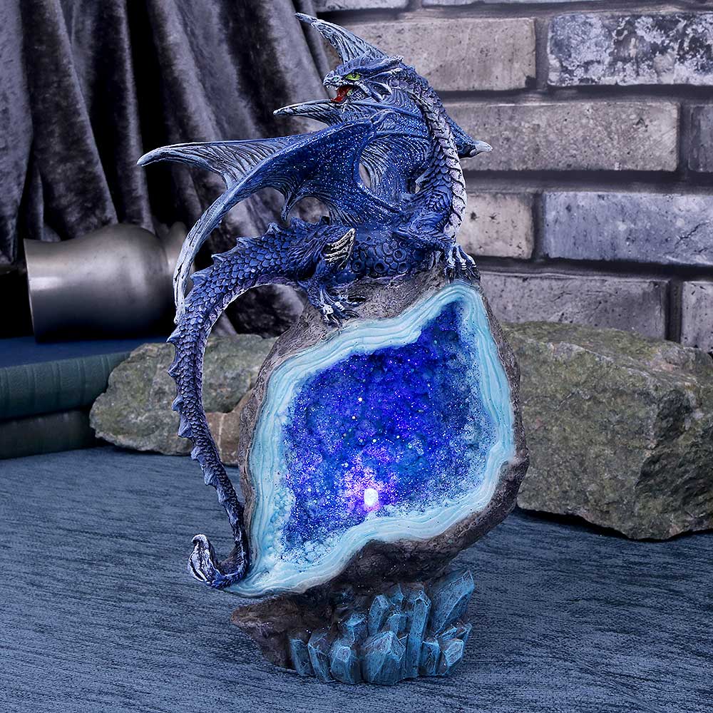 Cobalt Custodian Fantasy Blue Dragon Sitting On A Geode 23cm
