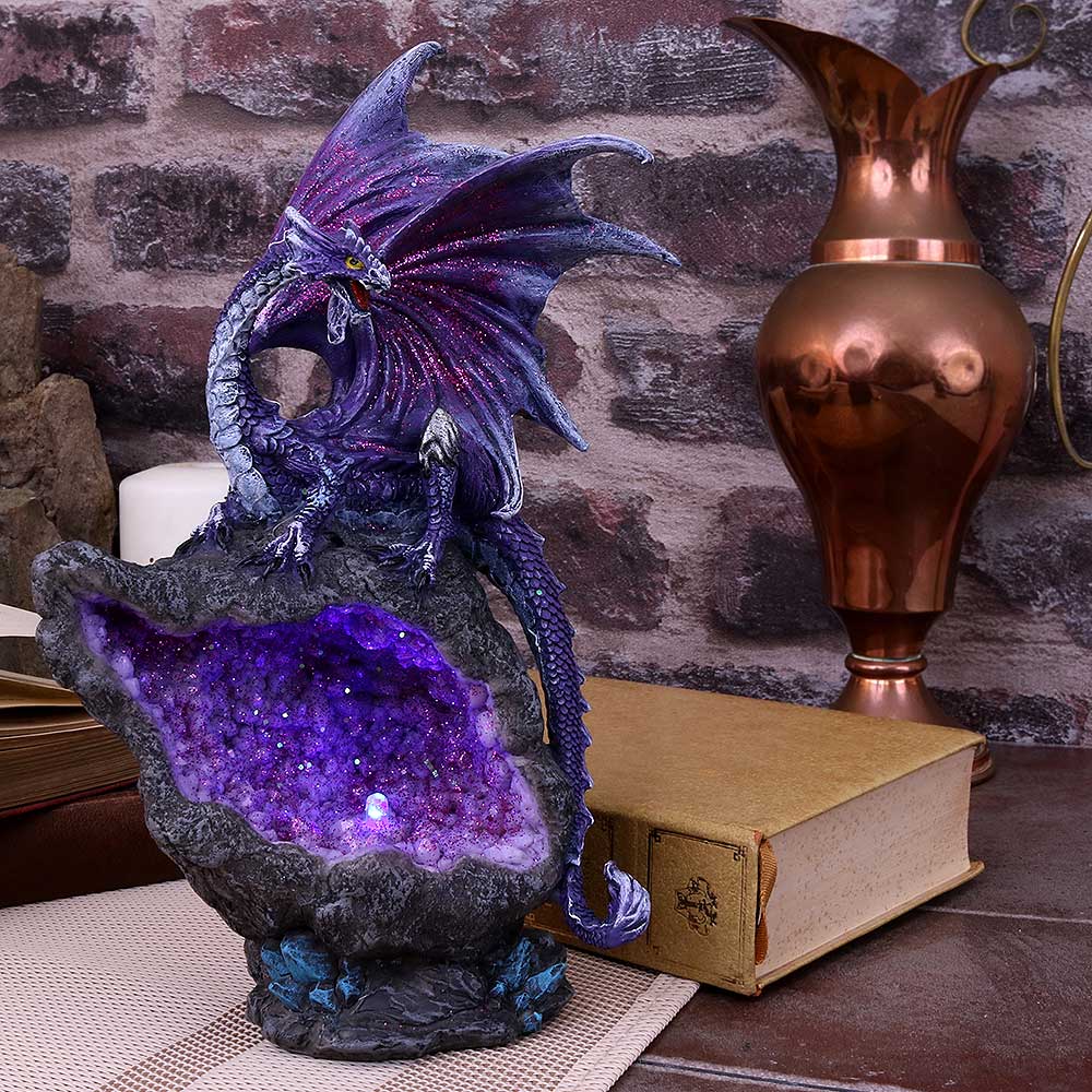 Amethyst Custodian Fantasy Purple Dragon Sitting On A Geode 22cm